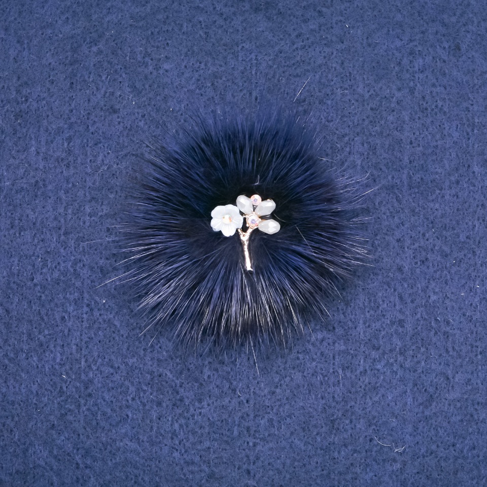 Blue mink fur brooch with a flower, 50 mm diameter