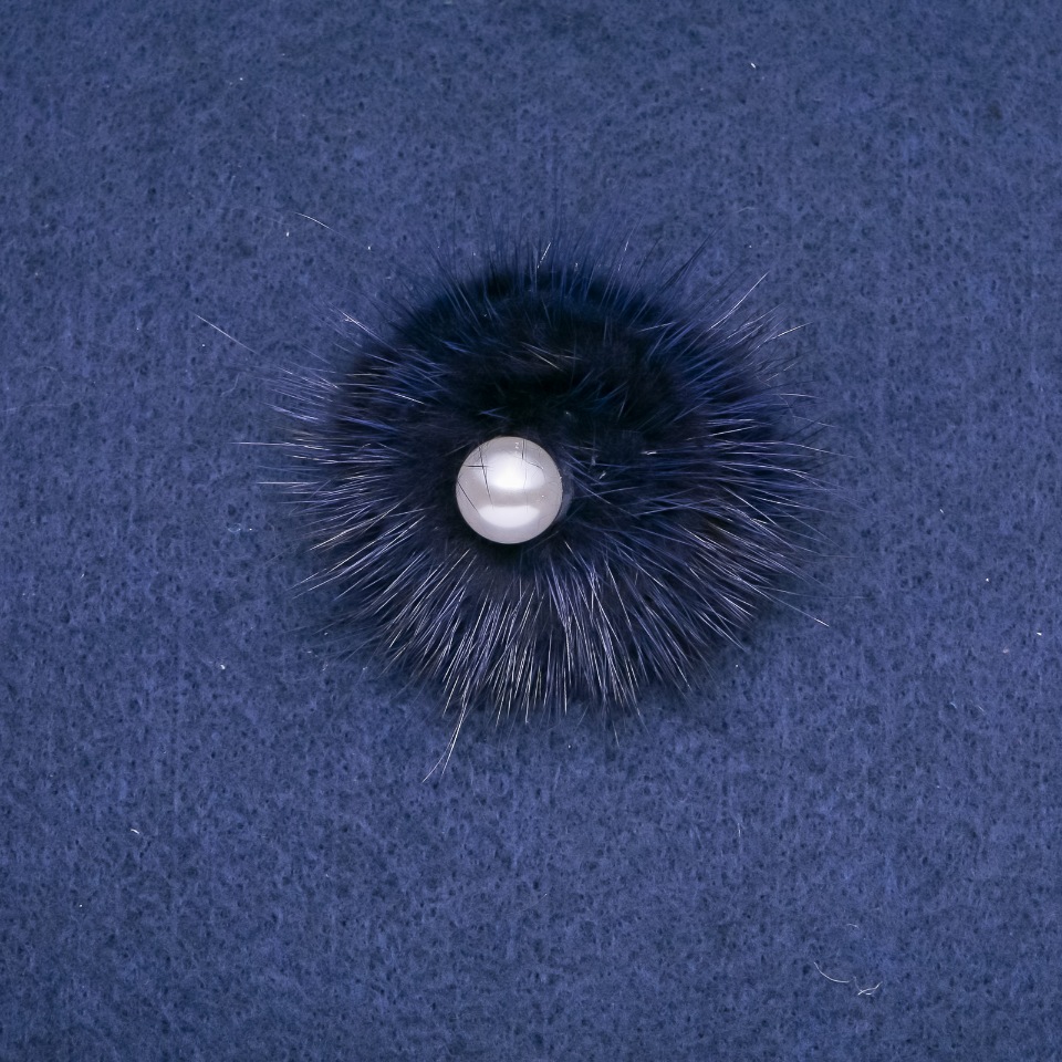 Purple mink fur brooch with a bead, 50 mm diameter