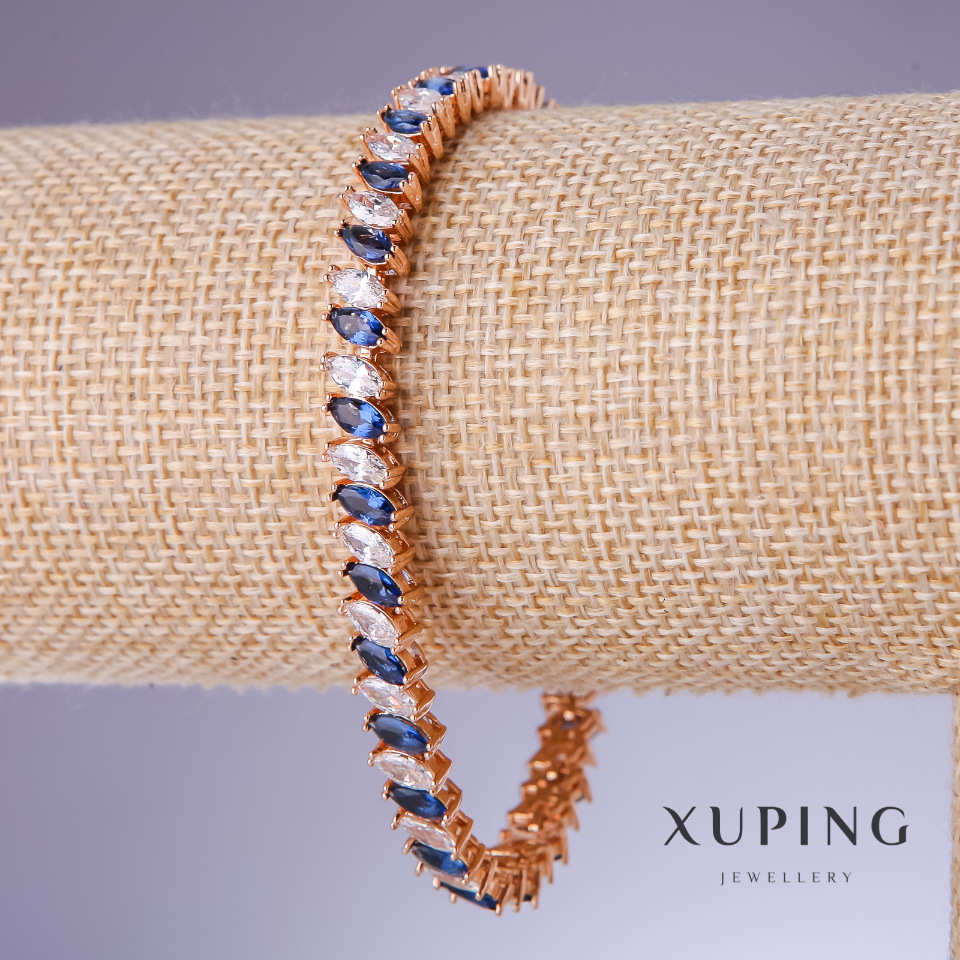Xuping Bracelet with Blue Zircons 'Sapphire', 7mm thick, length 17-19 cm, 18K gold plating