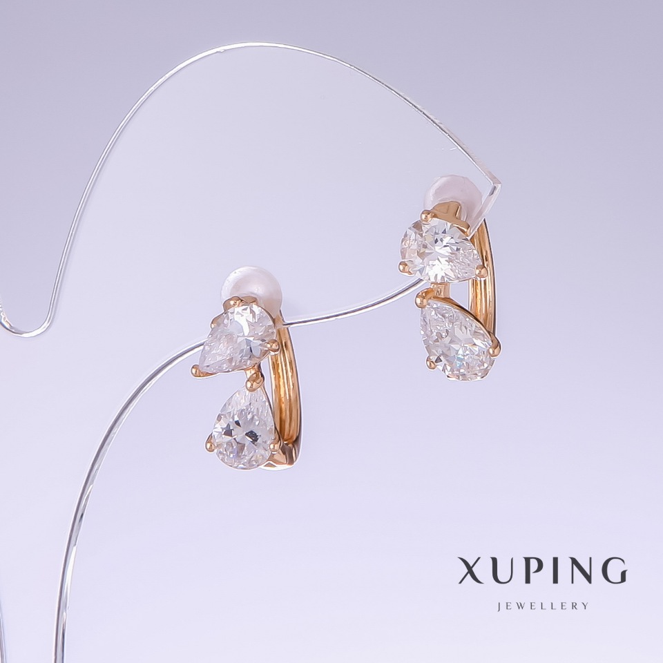 Xuping Earrings with White Zircon, 18mm Length, 8mm Thickness, 18k Gold Plated