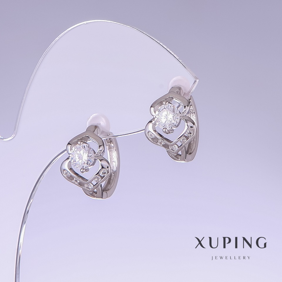 Xuping Earrings with White Cubic Zirconia, 15mm Length, 10mm Thickness, Rhodium-Plated