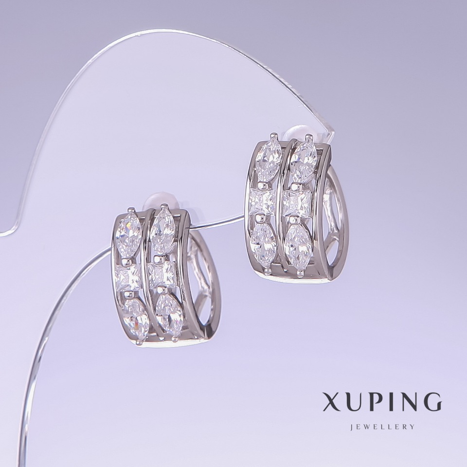 Xuping Earrings with White Cubic Zirconia, 15mm Long, 9mm Thick, Rhodium-Plated