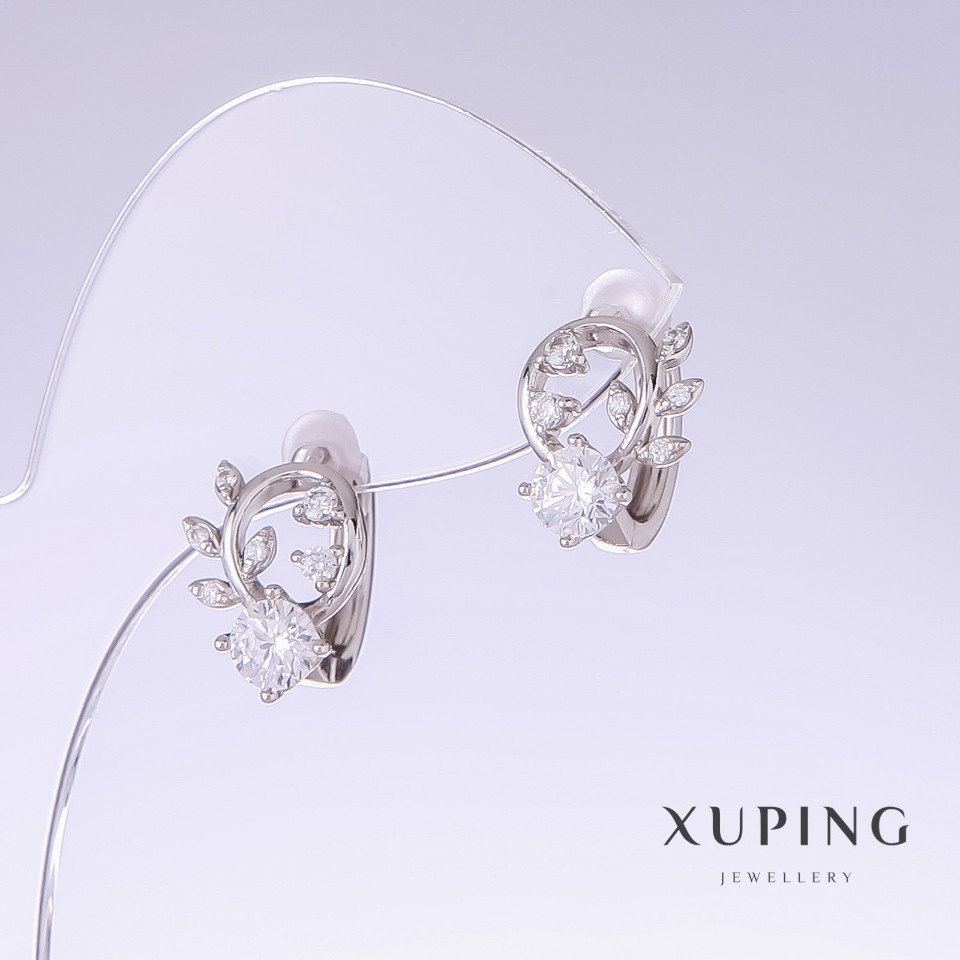 Xuping Earrings with White Zircons, Length 14 mm, Thickness 10 mm Rhodium-Plated