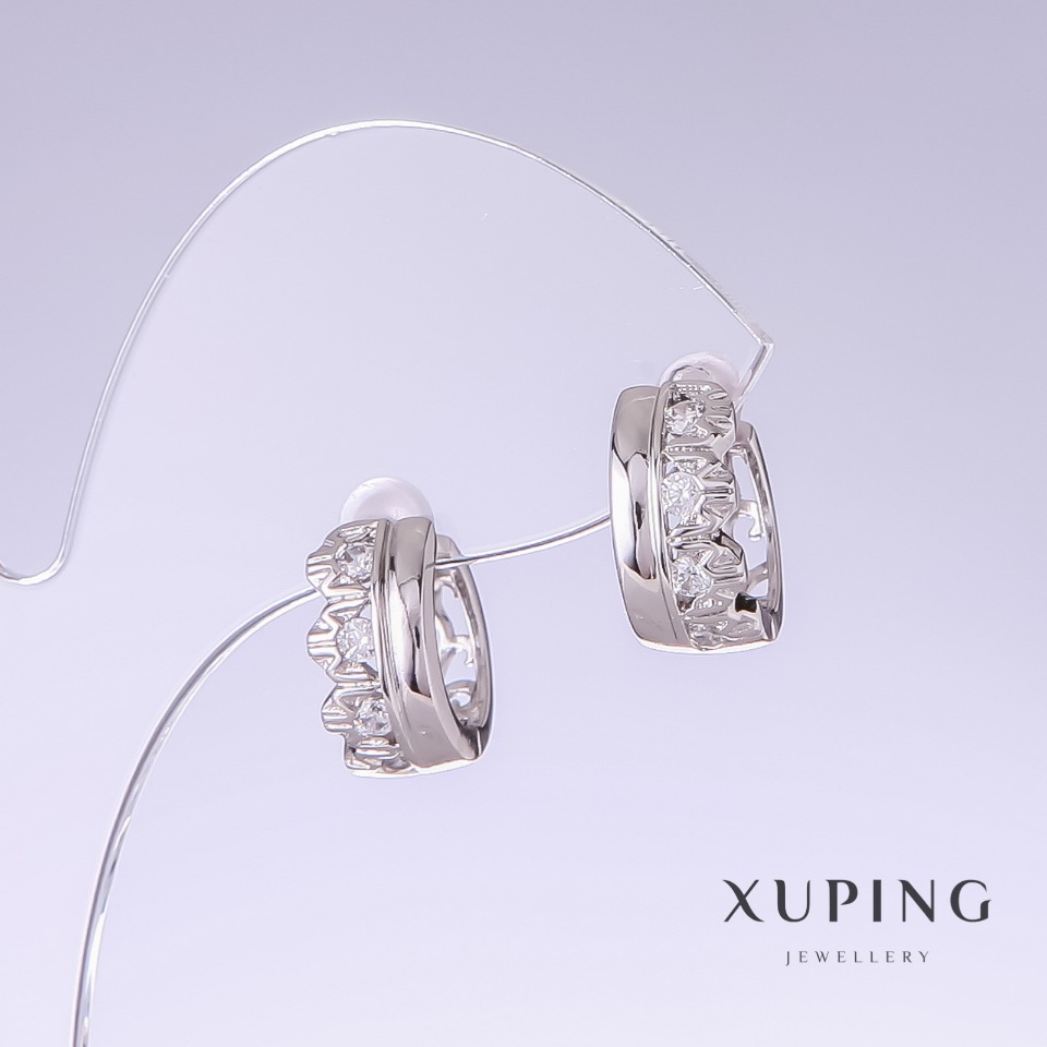 Xuping Earrings with White Rhinestones, 14mm Length, 7mm Thickness, Rhodium