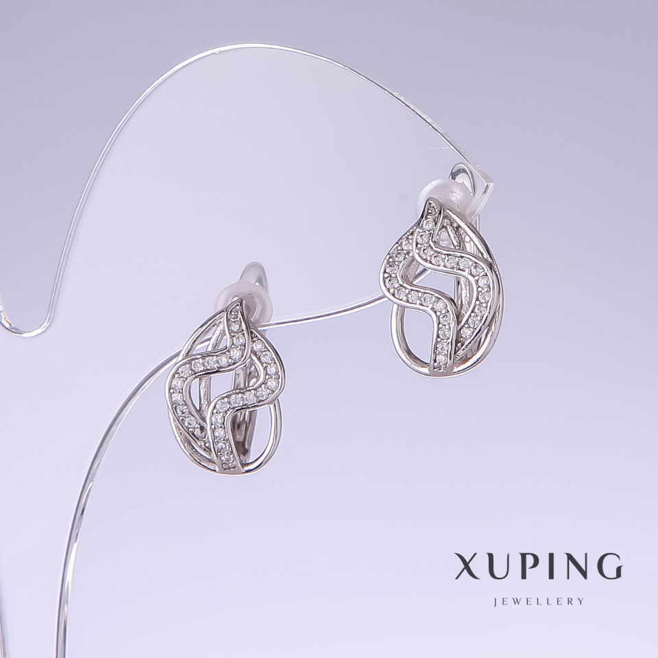 Xuping Earrings with White Pavé Stones, 15mm long, 10mm thick, Rhodium