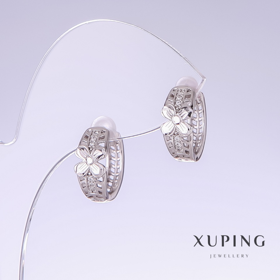 Xuping Earrings with White Crystals, 14mm Length, 7mm Thickness, Rhodium-plated