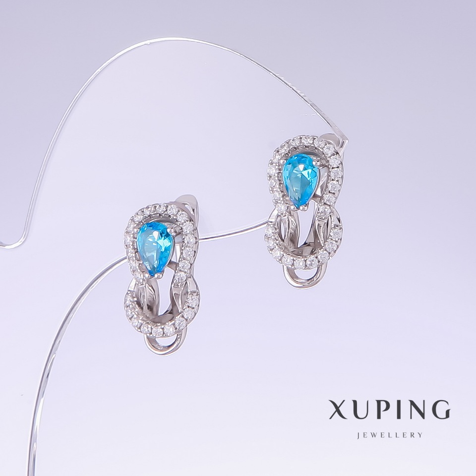 Xuping Earrings with Blue Cubic Zirconia Topaz, 17mm long, 10mm thick, Rhodium-plated