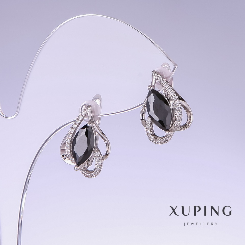 Xuping Earrings with Black Cubic Zirconia, 16 mm long, 11 mm thick, Rhodium-Plated