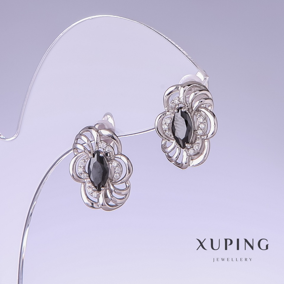 Xuping Earrings with Black Cubic Zirconia, 17mm Length, 12mm Thickness, Rhodium-Plated