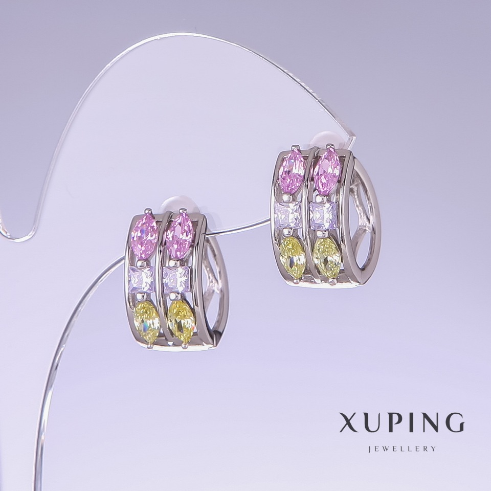 Xuping Earrings with Multicolored Zircons, 11 mm long, 10 mm thick, Rhodium-plated