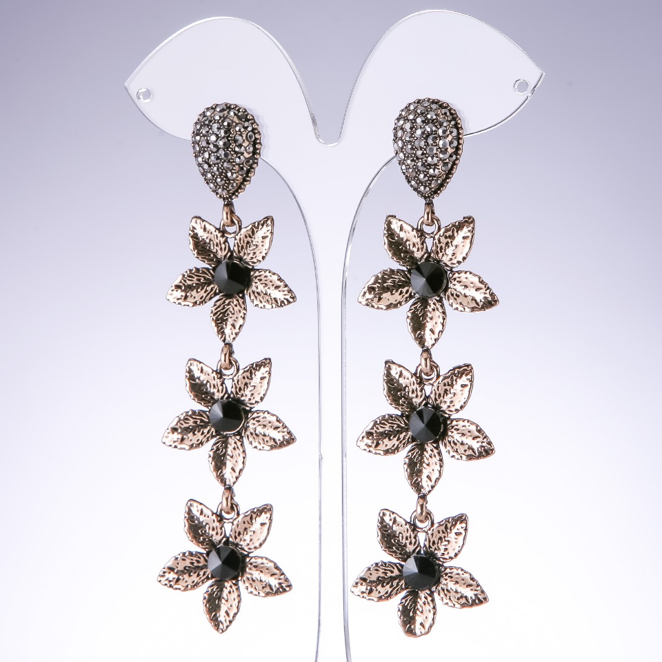 Evening Lilies Earrings with Black Crystals in Antique Gold, 25 mm wide, 95 mm long