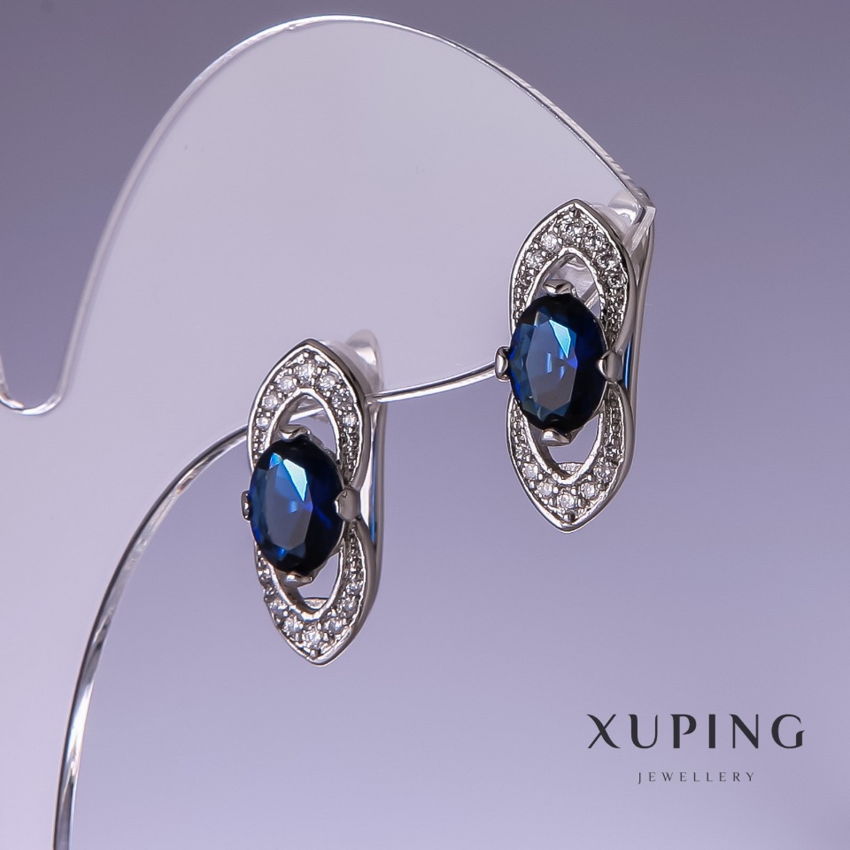 Xuping Earrings with Blue Cubic Zirconia, Rhodium-Plated