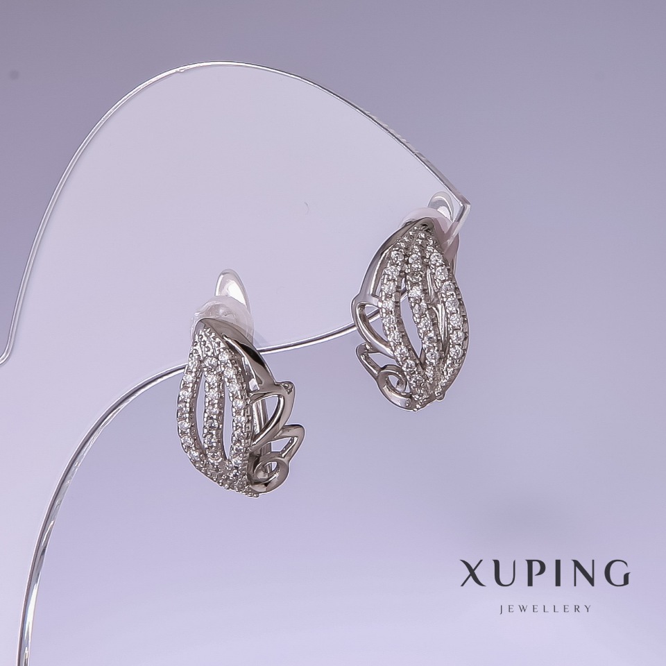 Xuping Earrings with White Rhinestones, Rhodium-Plated, 14x10 mm