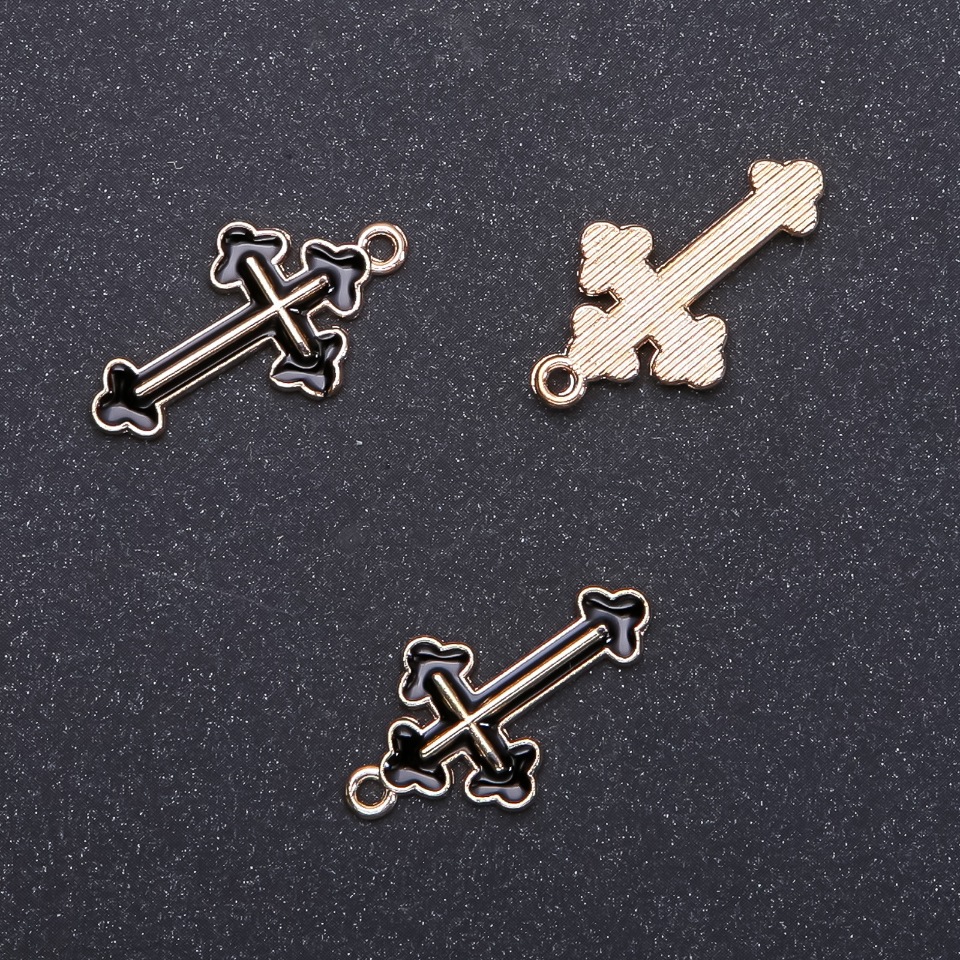 Pendant hardware Cross pendant Black enamel 'Gold-tone', diameter 14 mm, diameter 1.7 mm, packaging 10 pcs (+ -)