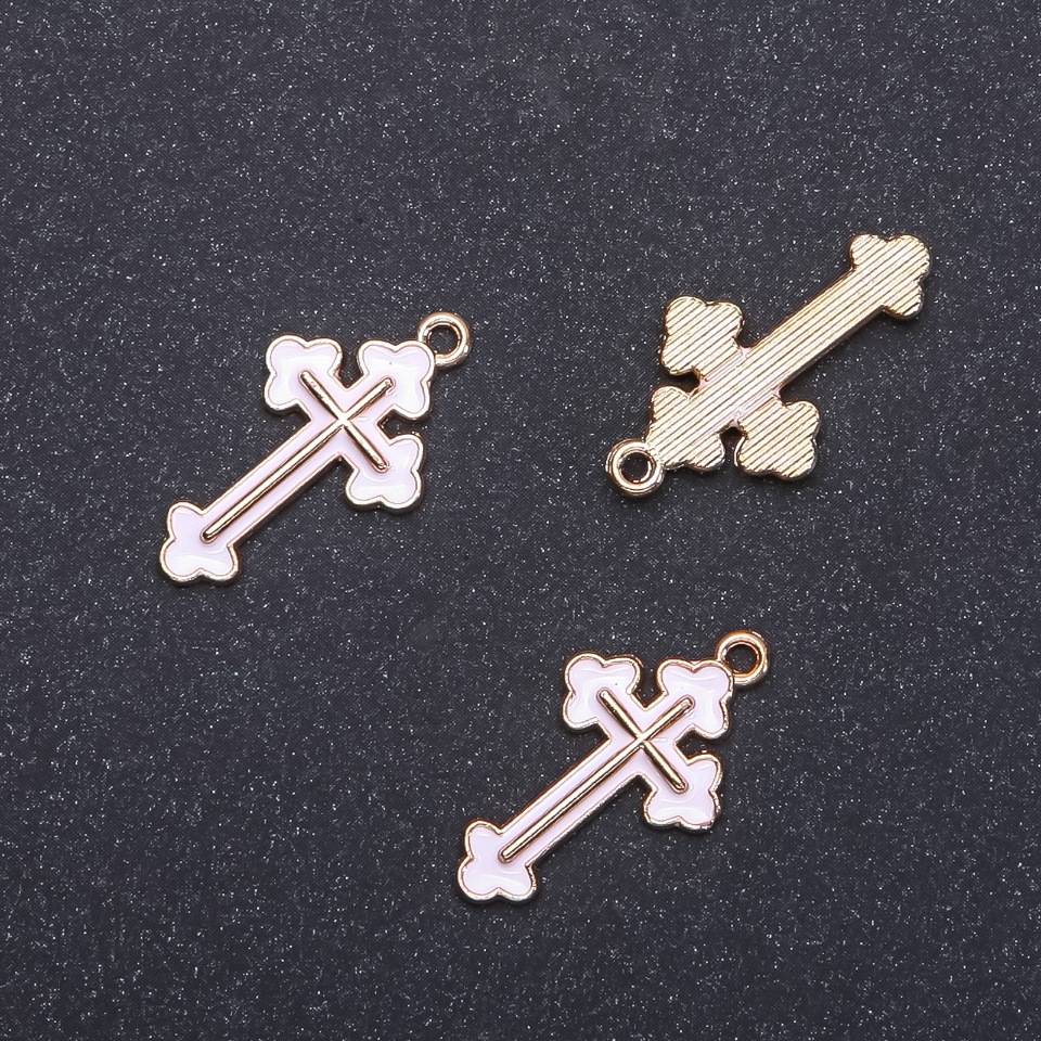 Cross pendant finding, white enamel with gold finish, 14mm diameter, 26mm length, inner diameter 1.7mm, pack of 10