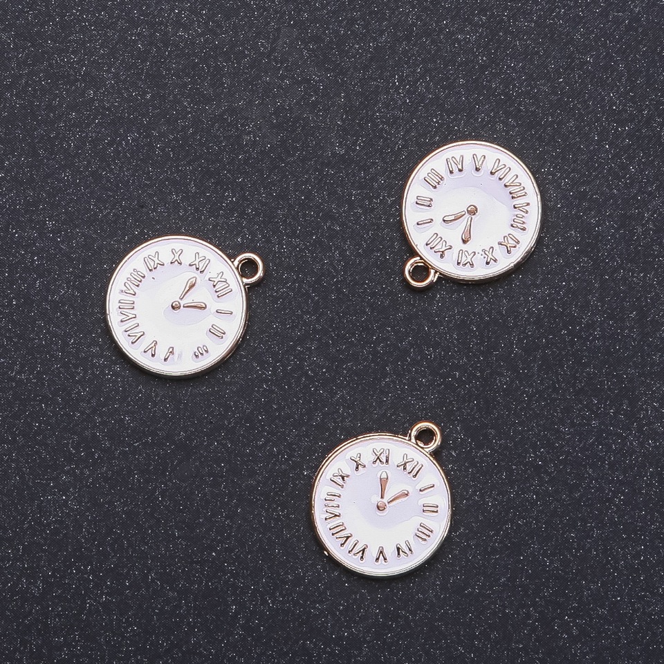 Pendant 'Clock' with white enamel and gold-tone, diameter 15 mm, length 17 mm, diameter 1.75 mm, pack of 8 pcs (±)