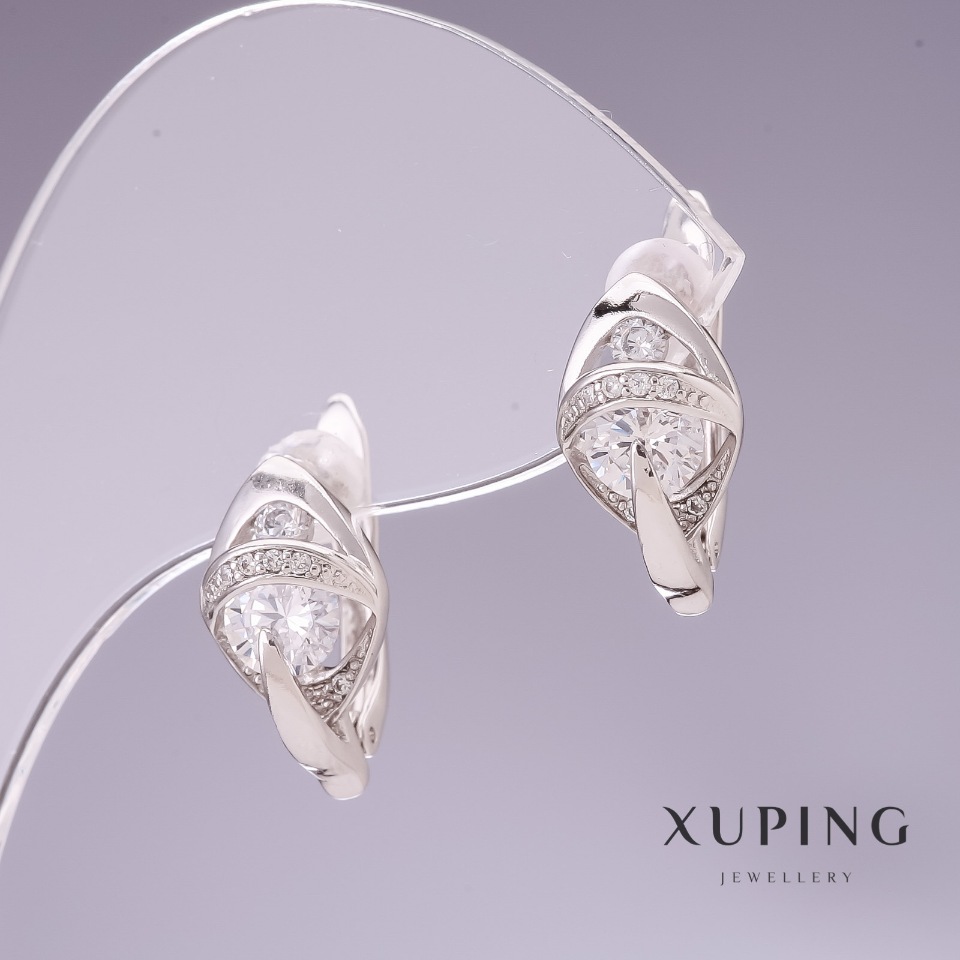 Xuping Earrings with White Zircons, 14x9 mm Rhodium-Plated