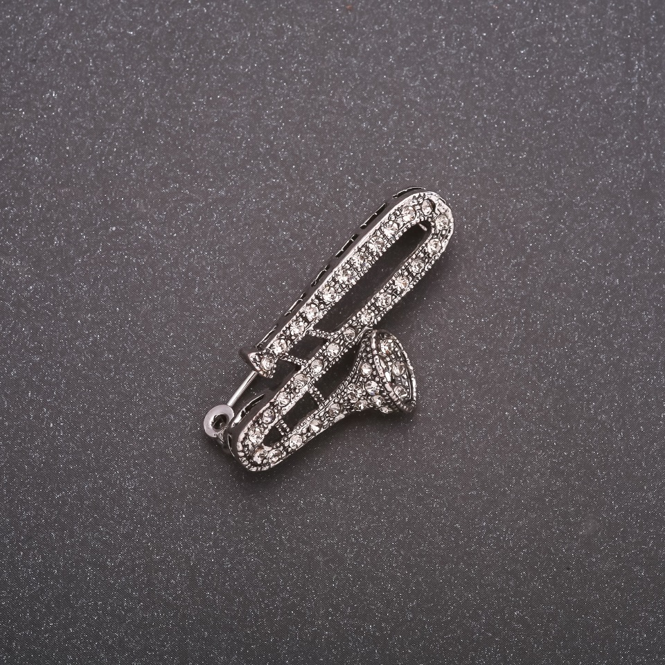 Brooch 'Flute in Crystals' Gray Metal 38x19mm