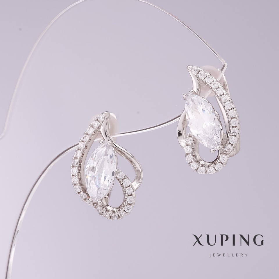 Xuping Earrings with White Cubic Zirconia, 9 mm diameter, 17 mm length, Rhodium-plated