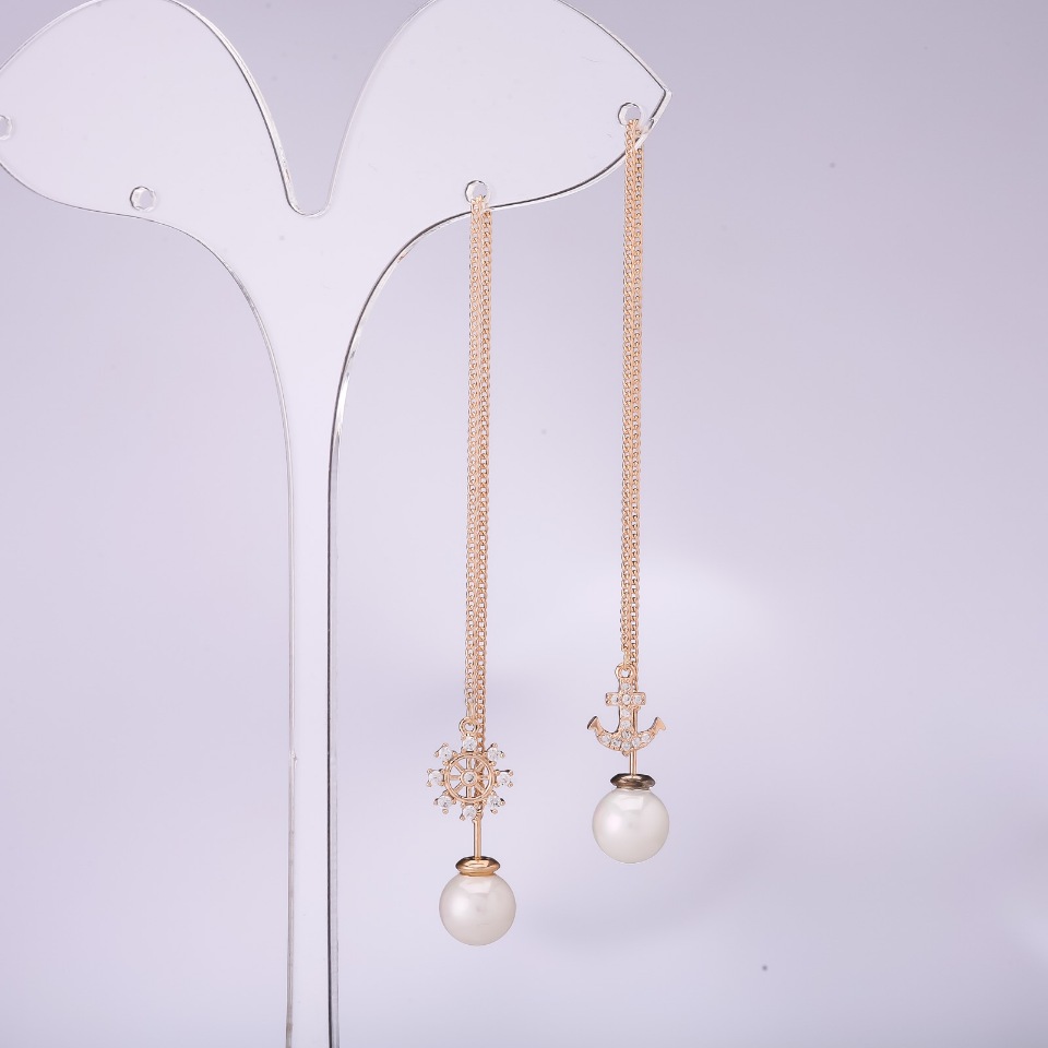 Long asymmetric stud earrings, 925 'Sea' series, 8 mm thick, length 107–135 mm, gold plated