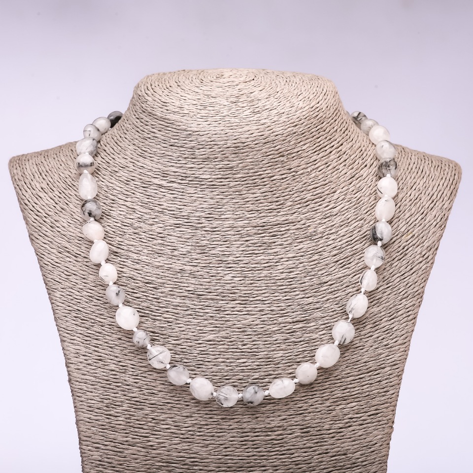 Rutilated quartz necklace with polished finish, 6-8 mm diameter, 48 cm length