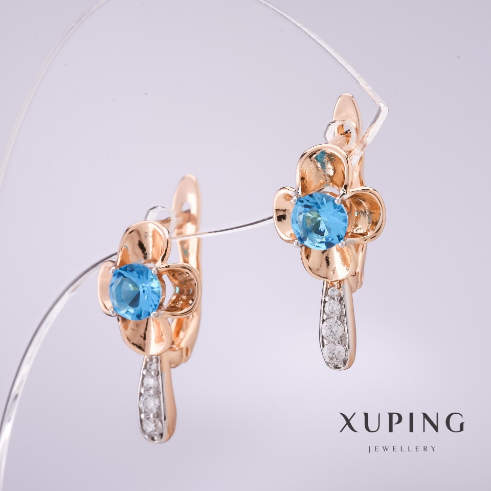 Xuping Earrings with Blue Stones 20x10 mm, 18k Gold-Plated