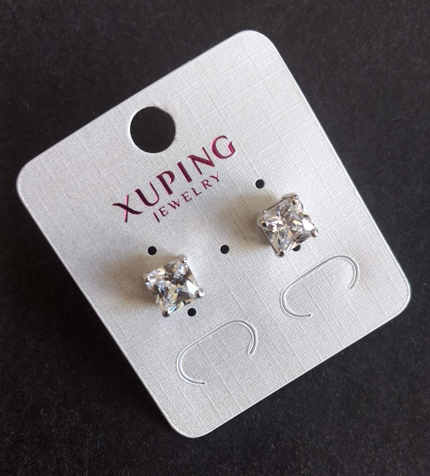 Xuping Stud Earrings with White Stones in a Square 8mm Rhodium-Plated Setting