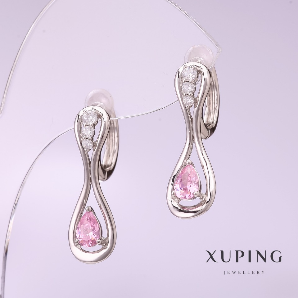 Xuping Earrings with Pink Stone, Rhodium-Plated