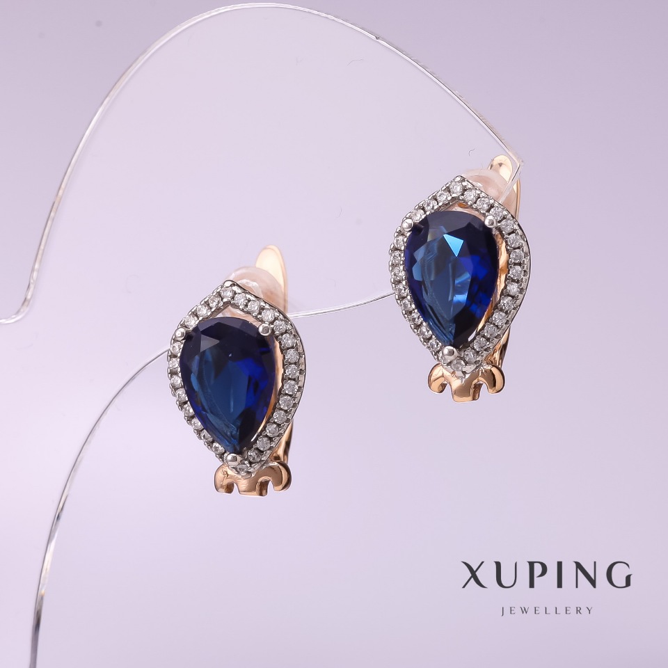 Xuping Earrings with Blue Stones 10×14 mm, 18K Gold Plating