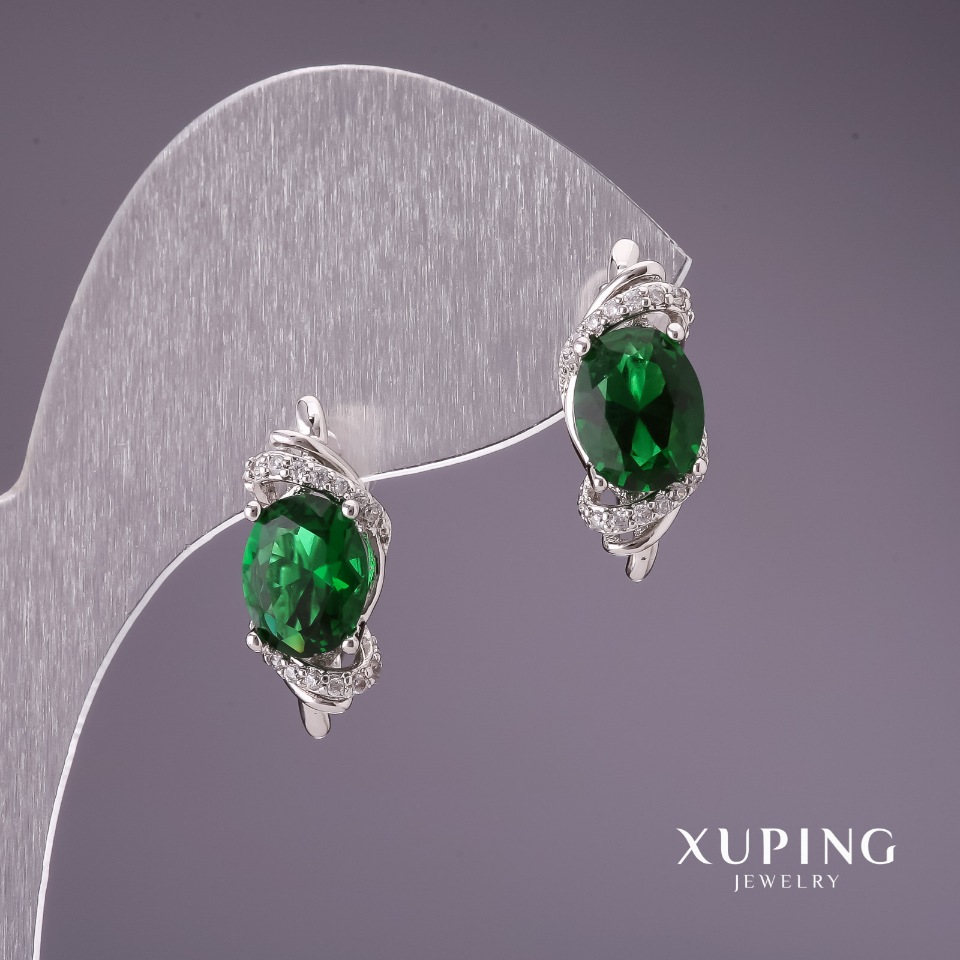 Xuping Earrings with Green Stones 18x7 mm Rhodium