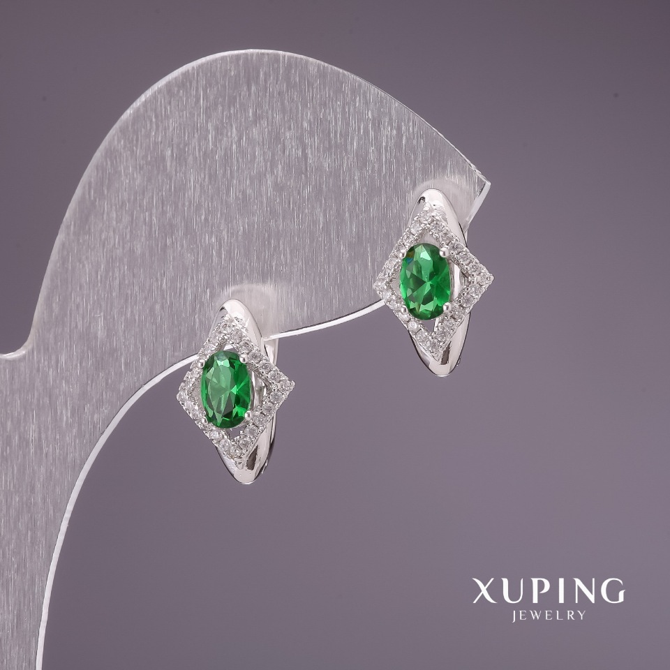 Xuping Earrings with Green Stones, 15x10mm, Rhodium