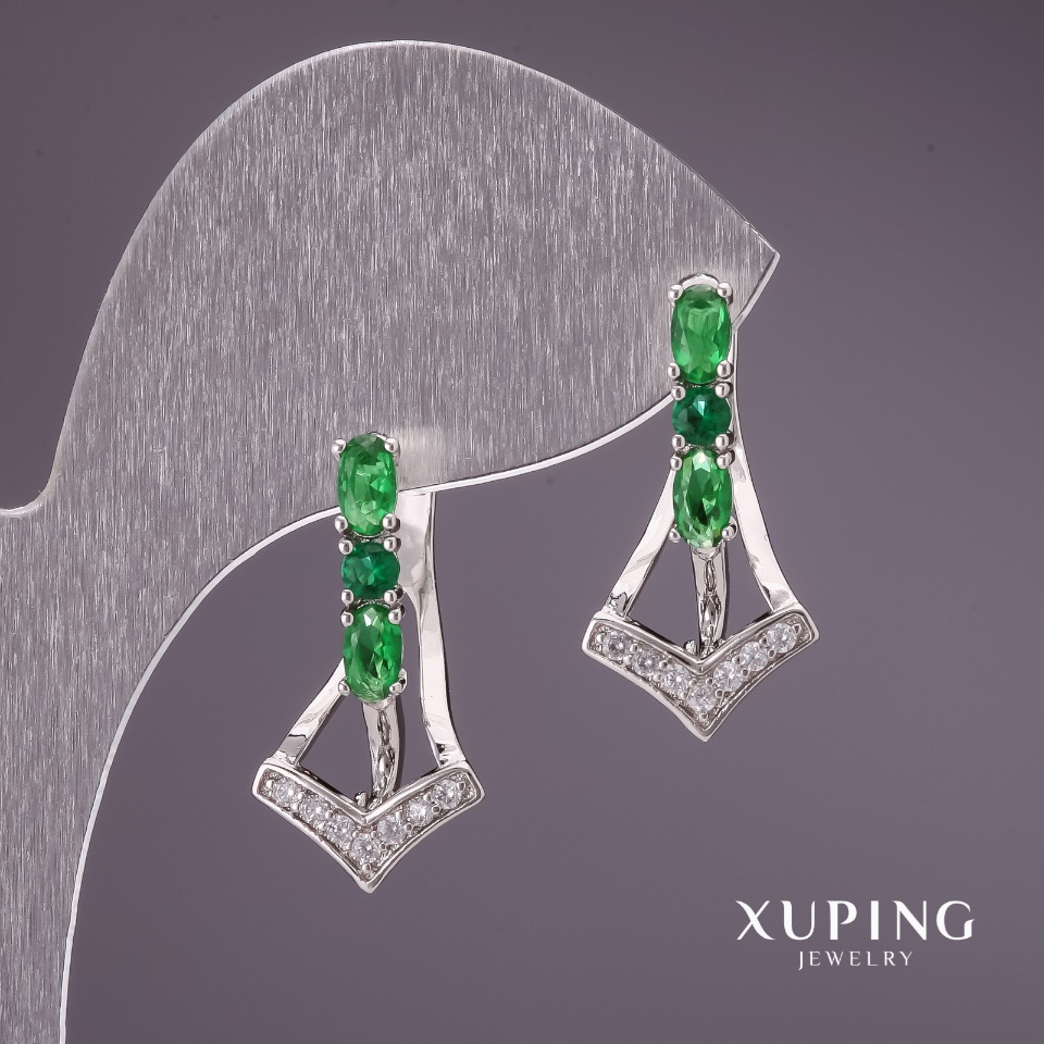 Xuping Earrings with Green Stones 12x23mm Rhodium