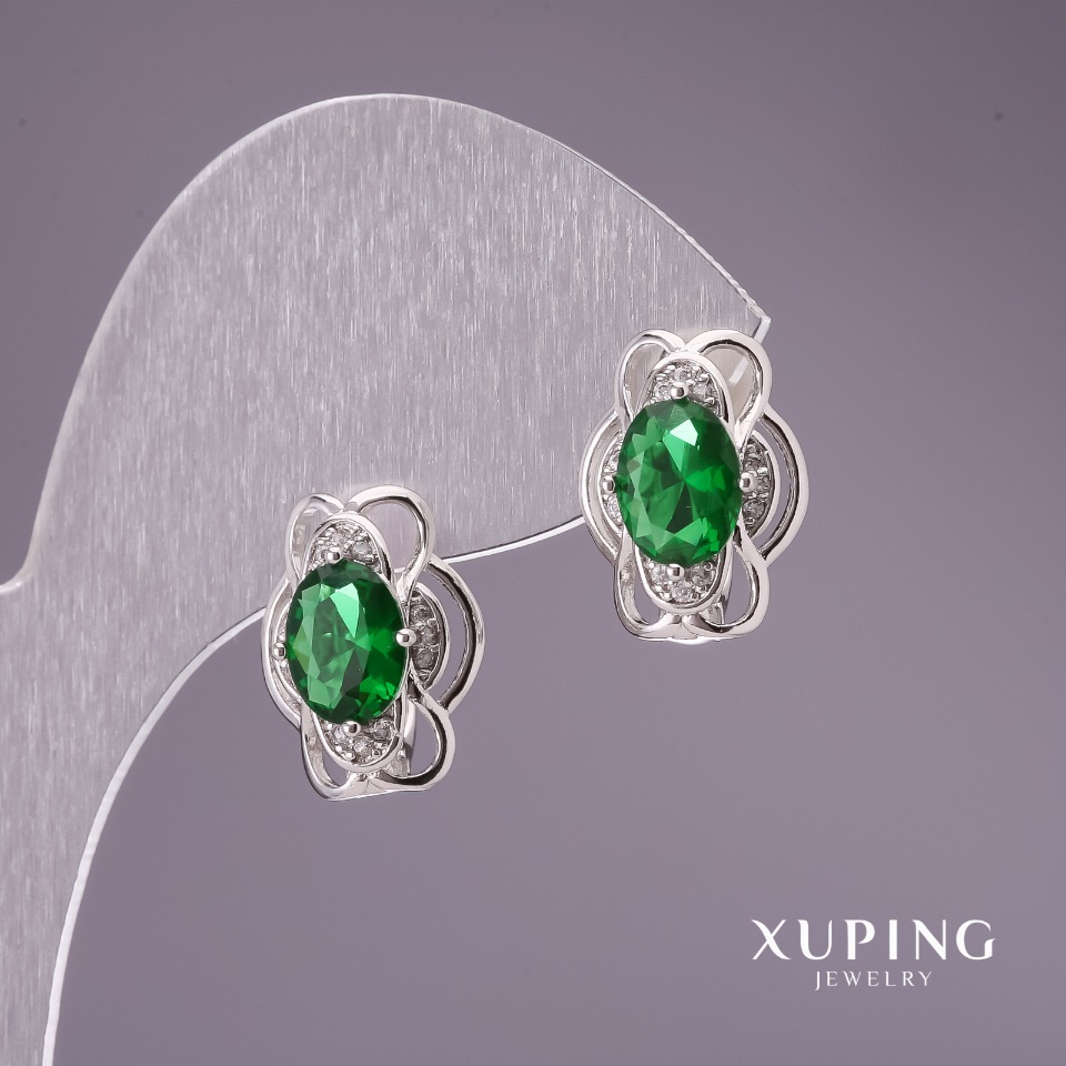 Xuping Earrings with Green Stones, 15x12 mm Rhodium-plated
