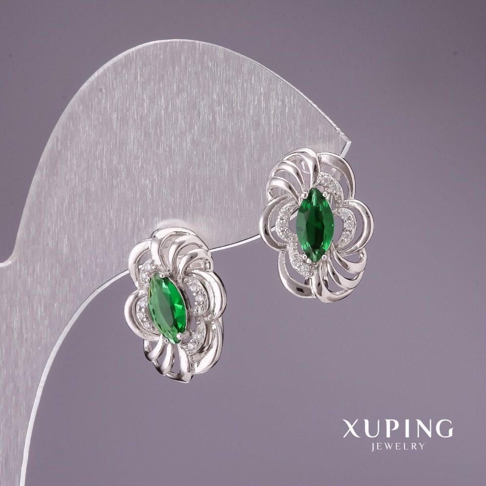 Xuping Earrings with Green Stones 17x12mm Rhodium