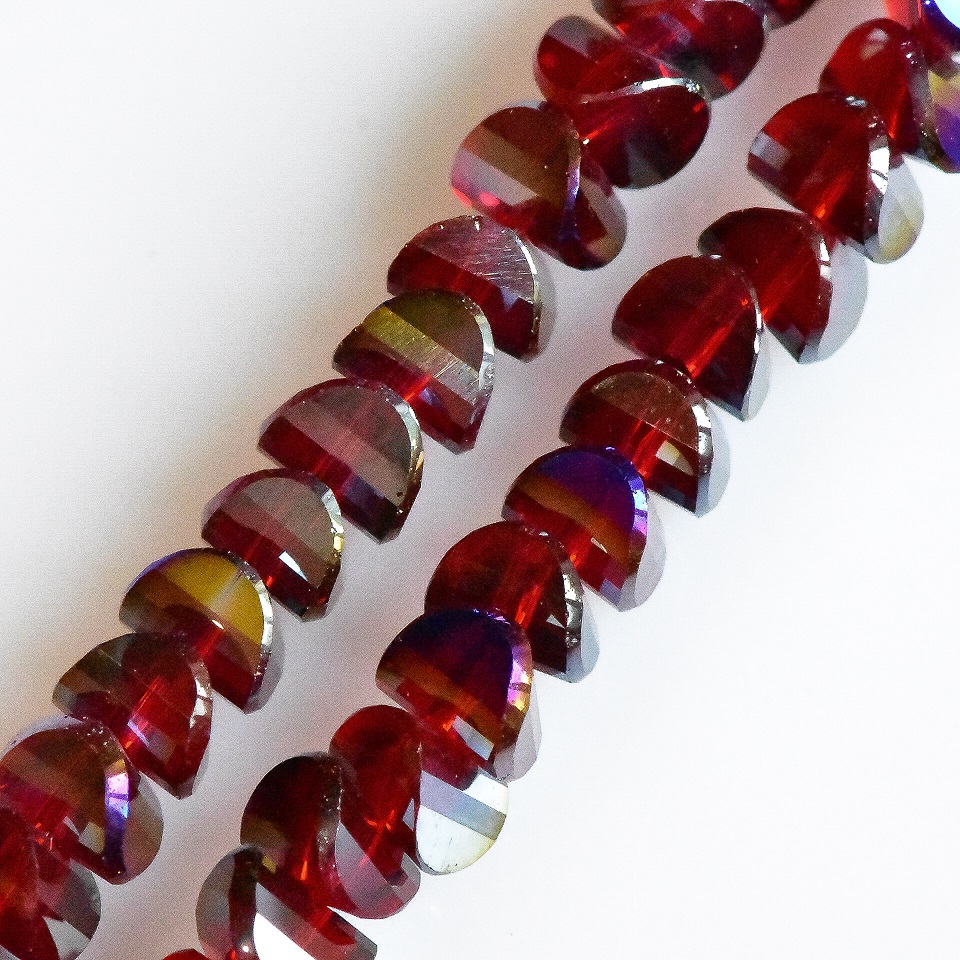 Crystal beads in Swarovski style, dark red ruby with blue coating, 6x4 mm diameter, 50 cm cord