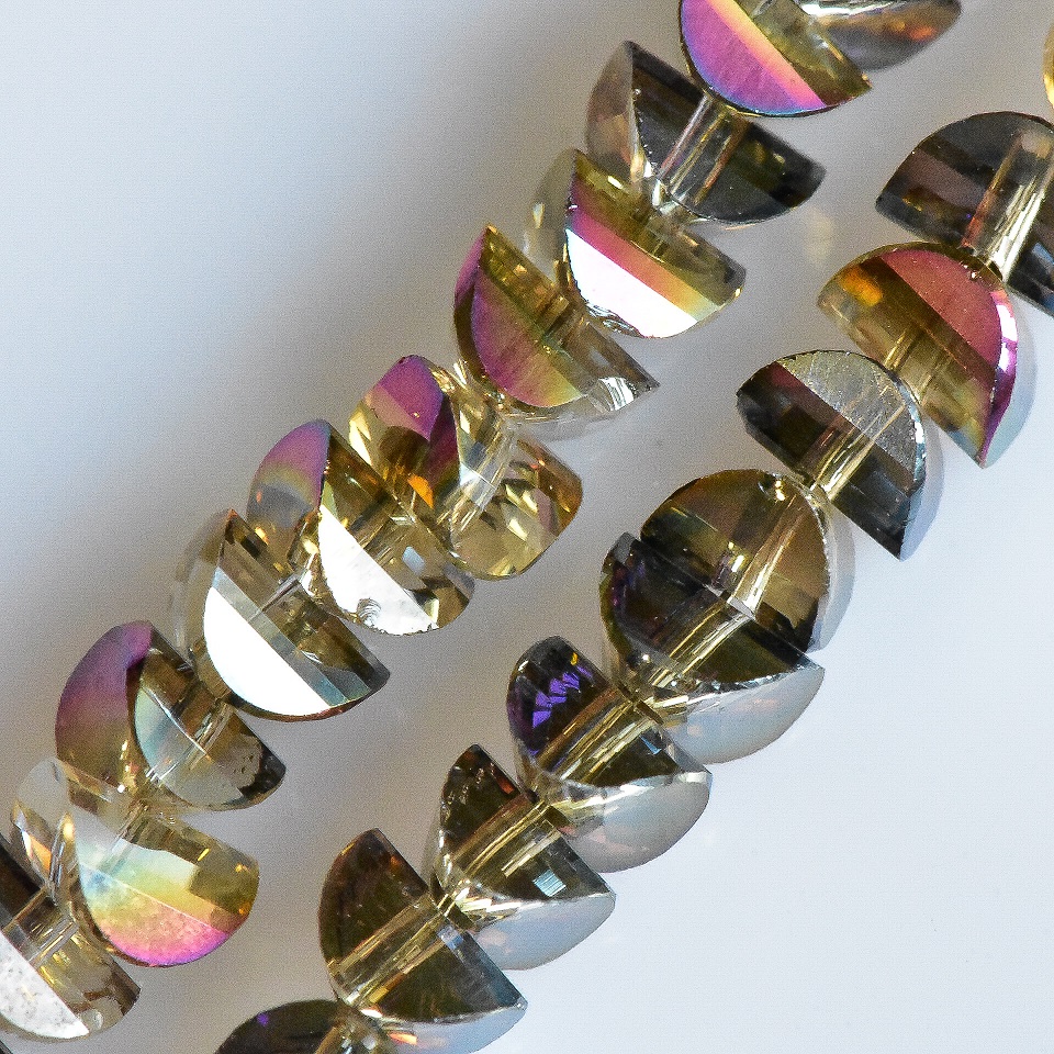 Crystal beads in Swarovski style champagne with multicolored Gasoline coating, 6x4 mm, thread length 50 cm
