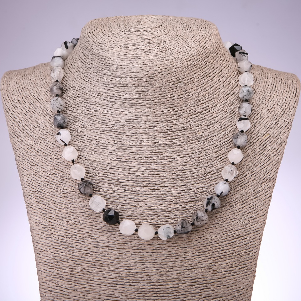 Rutile quartz necklace 'Hairy' faceted beads, 9×10 mm diameter, 48 cm length
