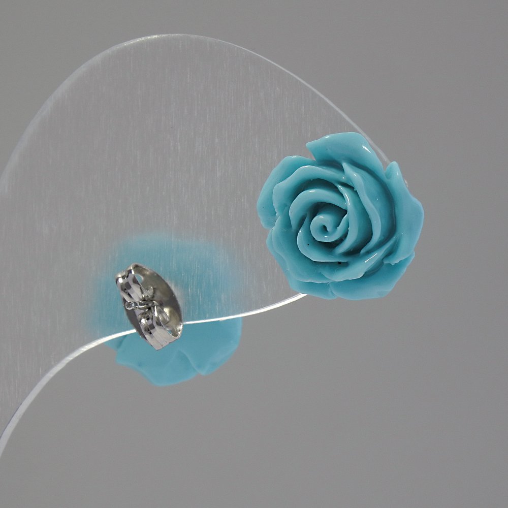 Earrings 'studs' "Rose mini-1.7" blue polymer clay, silver-tone metal bases about 17mm