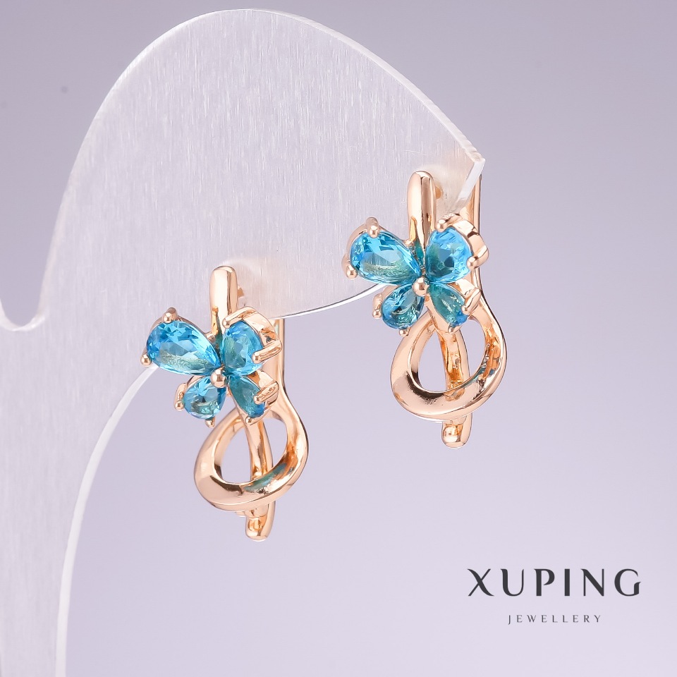 Earrings Xuping with Blue Stones, 18K Gold Plating