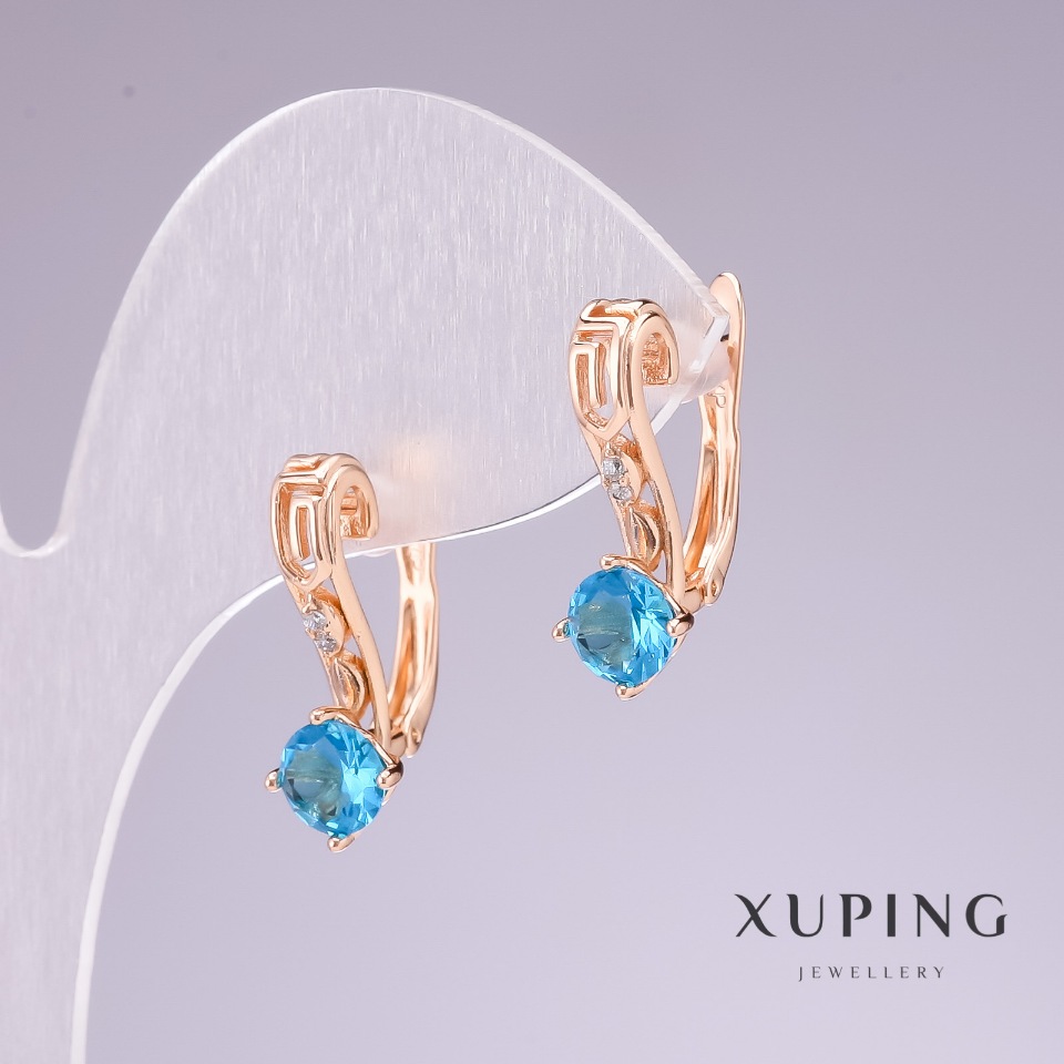 Xuping Earrings with 18k Gold Plating, Blue Stone, and White Crystals, 20x8 mm