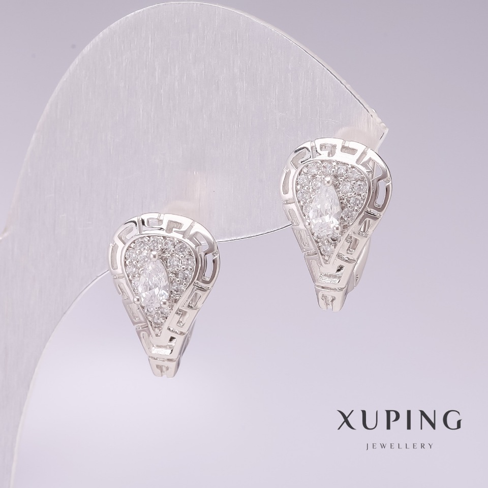 Xuping Rhodium Earrings with White Stones and White Crystals 11x17mm