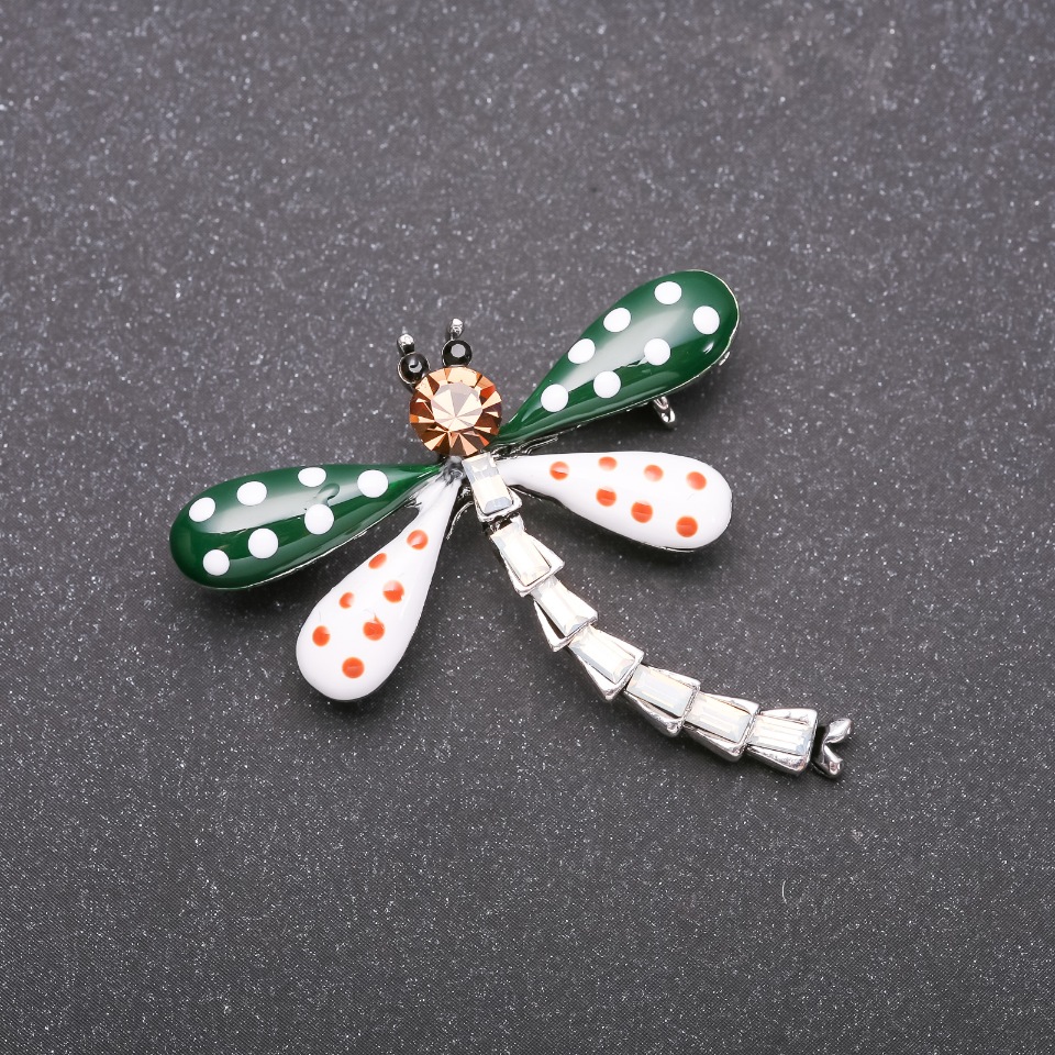Brooch Dragonfly in Polka Dots, Green and White Enamel, Gray Metal, 40x40mm