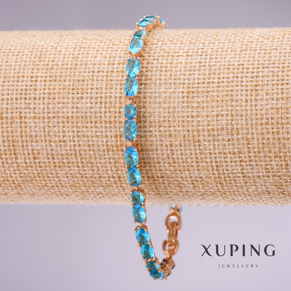 Xuping bracelet with blue stones, 4 mm thick, 18-20 cm length, gold-plated with extension chain