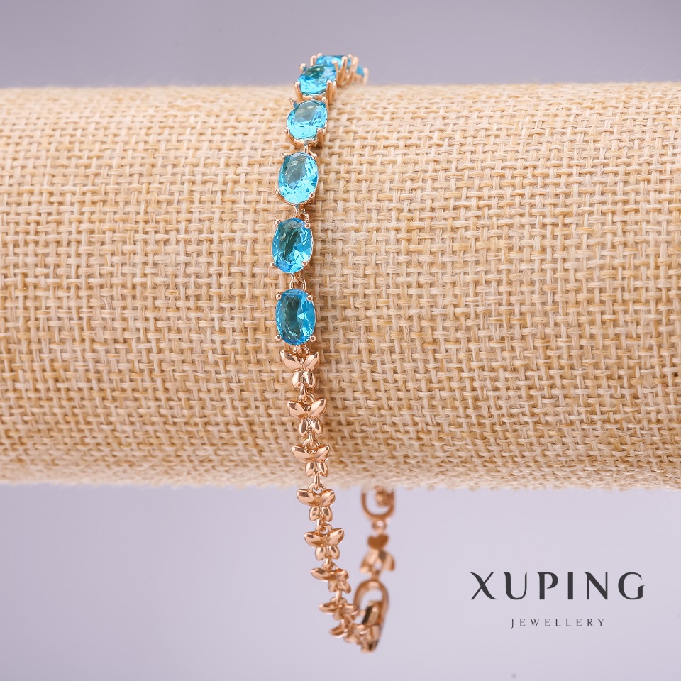 Xuping Bracelet with Blue Gemstones, 5mm Thick, 17–20 cm Length, Gold Plated with Extender Chain