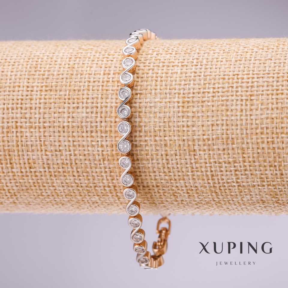 Xuping Bracelet with White Stones 'Infinity', 4mm Thick, Length 17-19 cm, Gold-Plated with Extension Chain