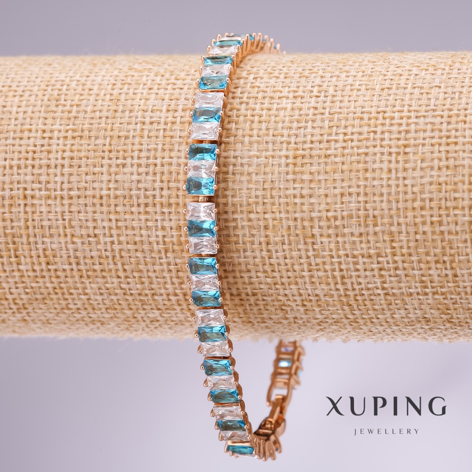 Xuping Bracelet with Blue and White Stones, 6.5 mm Thick, 17-19 cm Length, Gold-Plated with Extension Chain