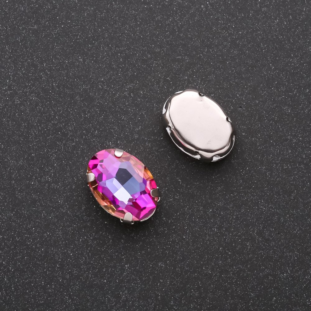 Price per pack / 10 pcs. Sew-on crystal with post, oval 10x14 mm raspberry-yellow