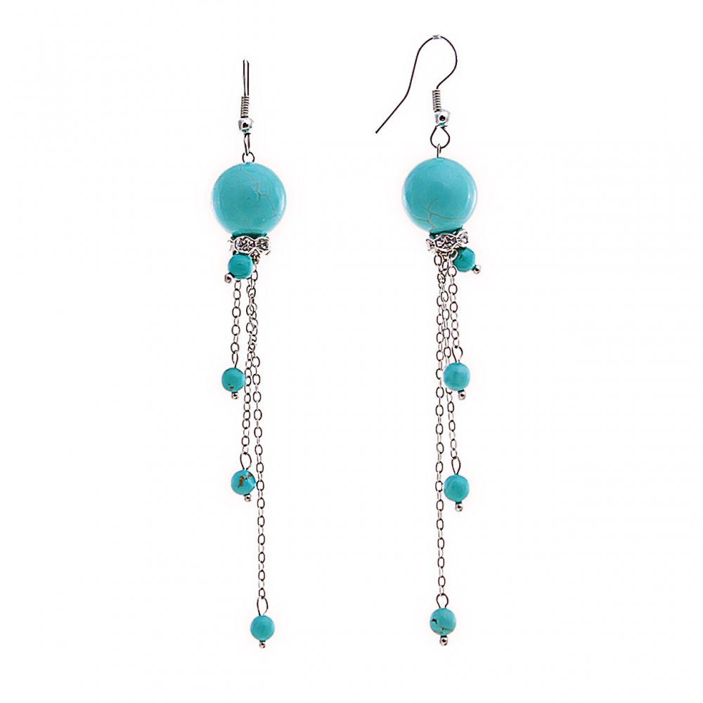 Dangle earrings with blue turquoise (pressed) and rhinestones on chains, silver-plated metal, 95mm