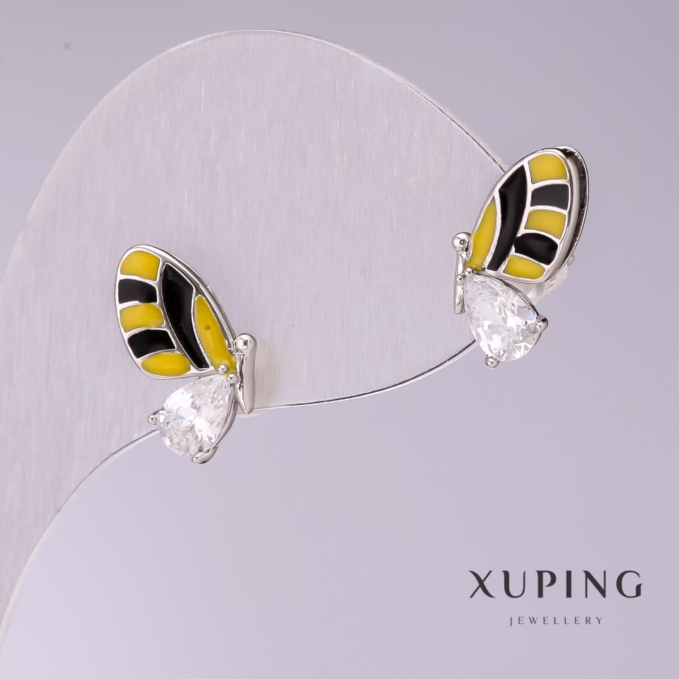 Xuping Butterfly Earrings with Yellow and Black Enamel and White Stones, 14x8 mm, Rhodium Plating