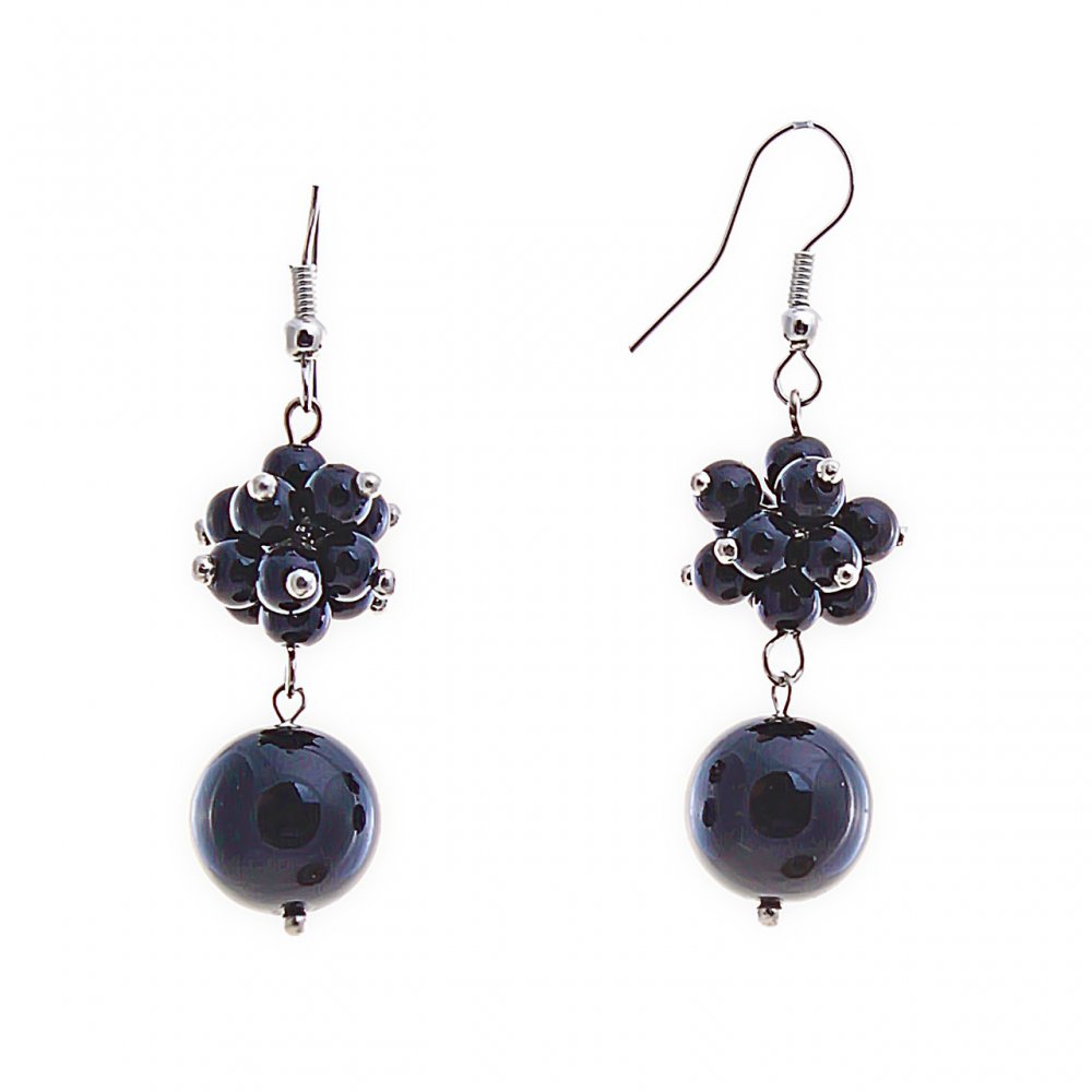 Drop earrings with small and large black agate, silver-plated metal, 40 mm